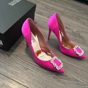 Badgley Mischka CHER Hot Pink Satin Pumps Size 8.5 Silk/Leather with Crystal